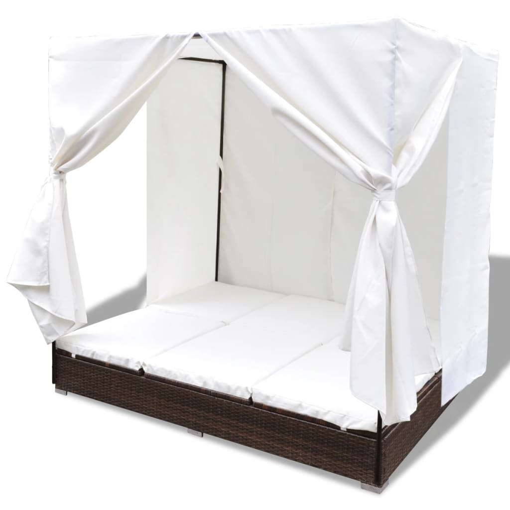 Outdoor-Loungebett mit Vorhang Poly Rattan Braun – Bild 4