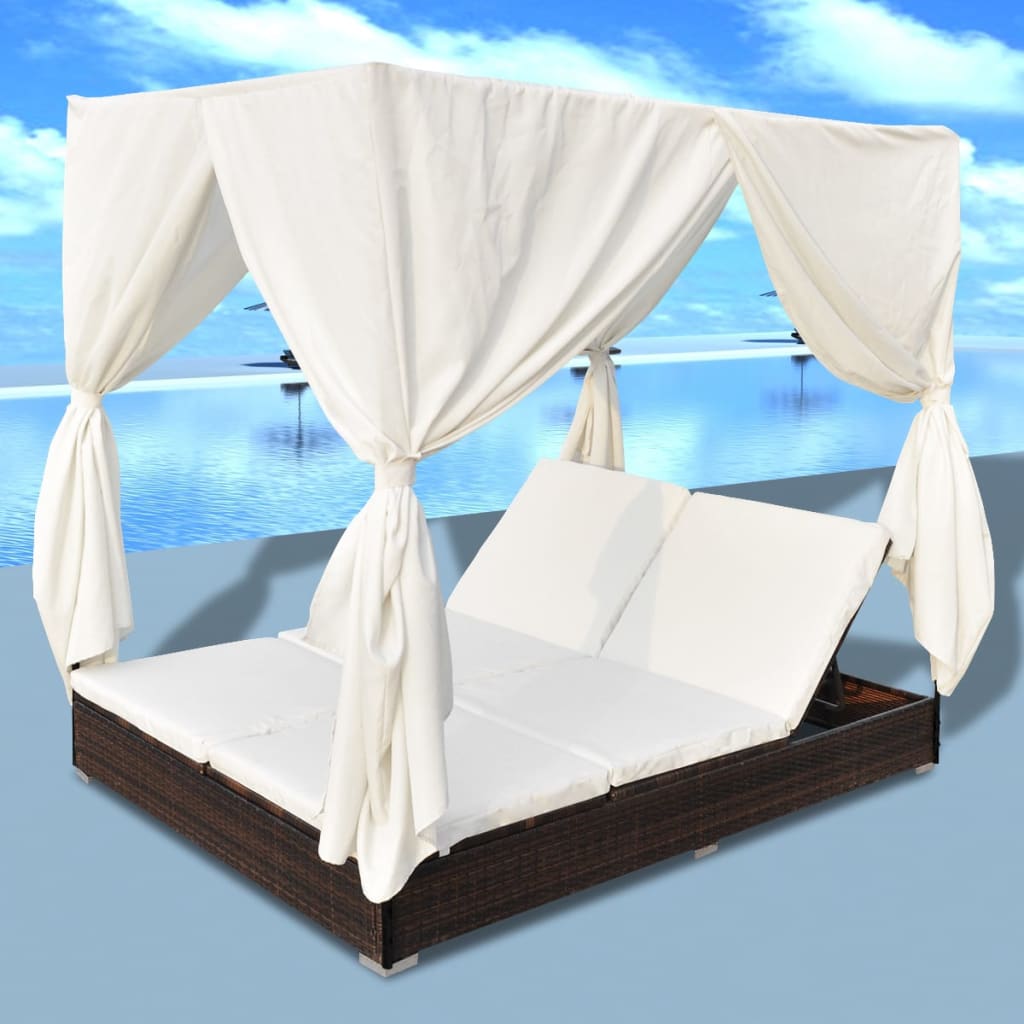 Outdoor-Loungebett mit Vorhang Poly Rattan Braun – Bild 5