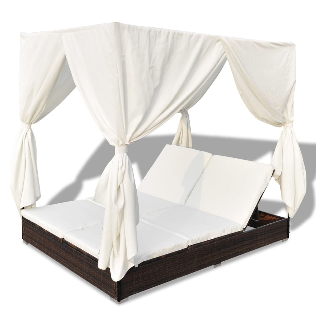 Outdoor-Loungebett mit Vorhang Poly Rattan Braun – Bild 6