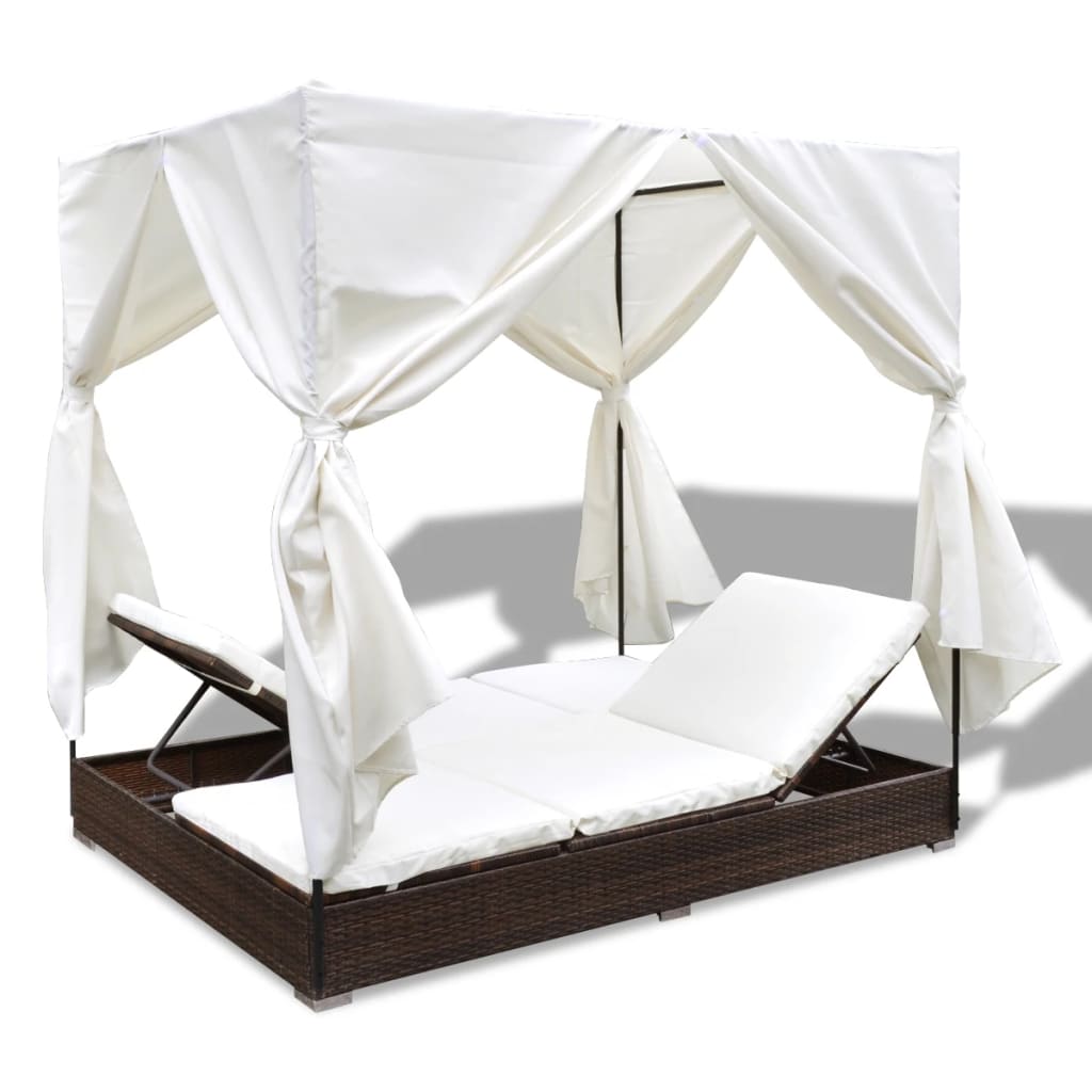 Outdoor-Loungebett mit Vorhang Poly Rattan Braun – Bild 7
