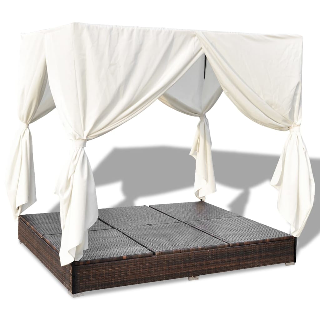 Outdoor-Loungebett mit Vorhang Poly Rattan Braun – Bild 8