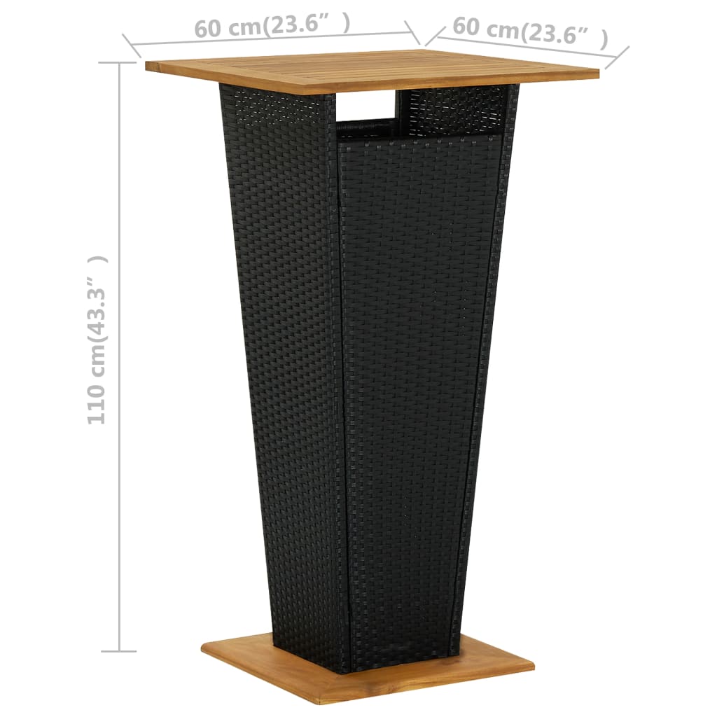 Bartisch Schwarz 60x60x110 cm Poly Rattan und Massivholz Akazie – Bild 6