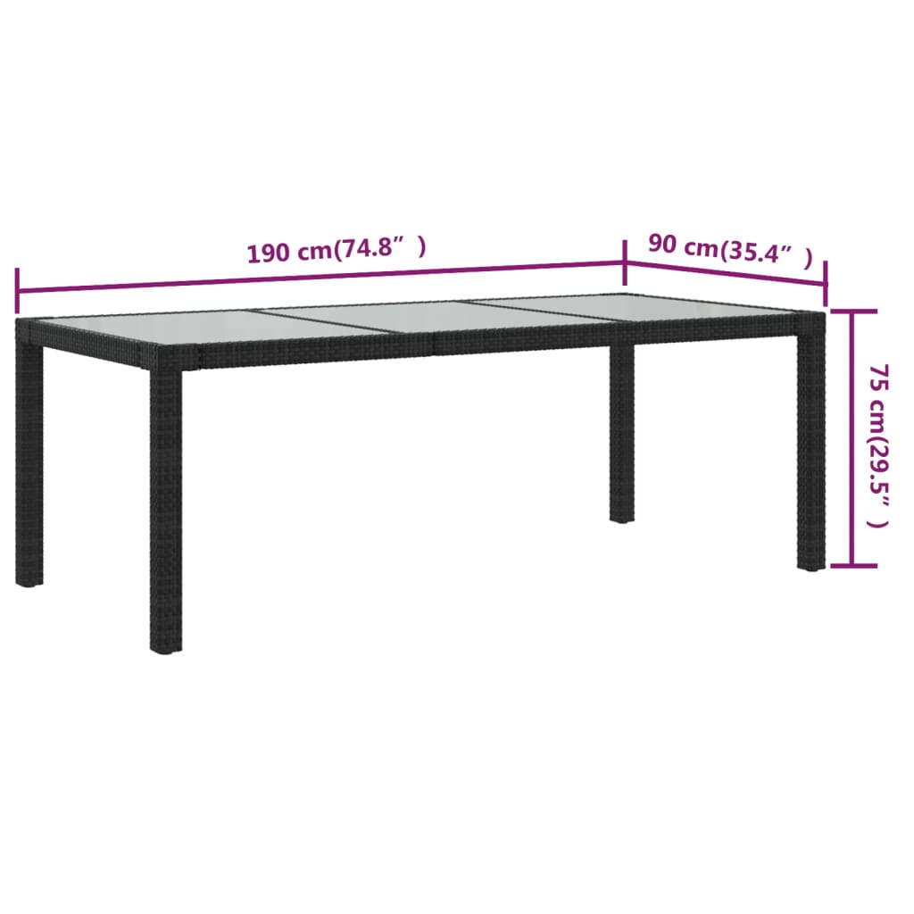 Gartentisch Schwarz 190x90x75 cm Gehärtetes Glas Poly Rattan – Bild 5