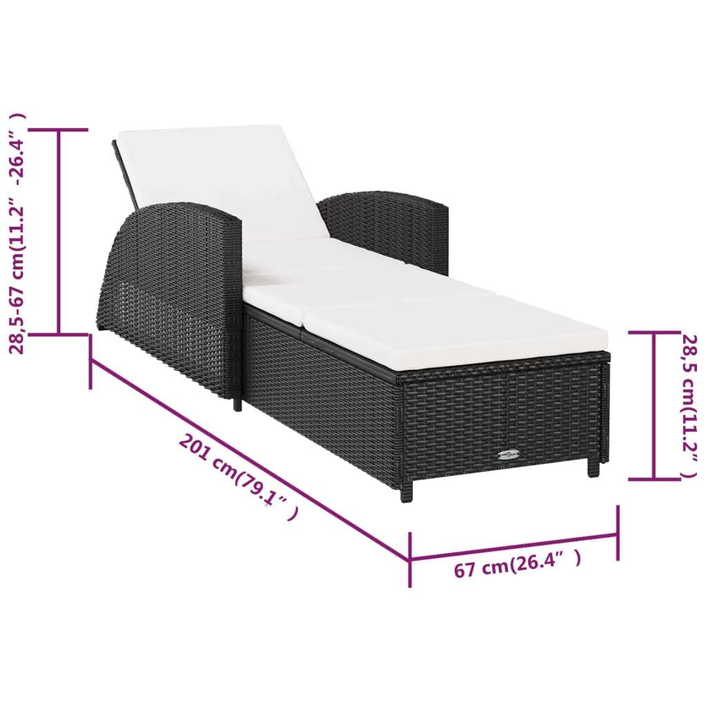 Sonnenliege mit Cremeweißer Auflage Poly Rattan Schwarz – Bild 9