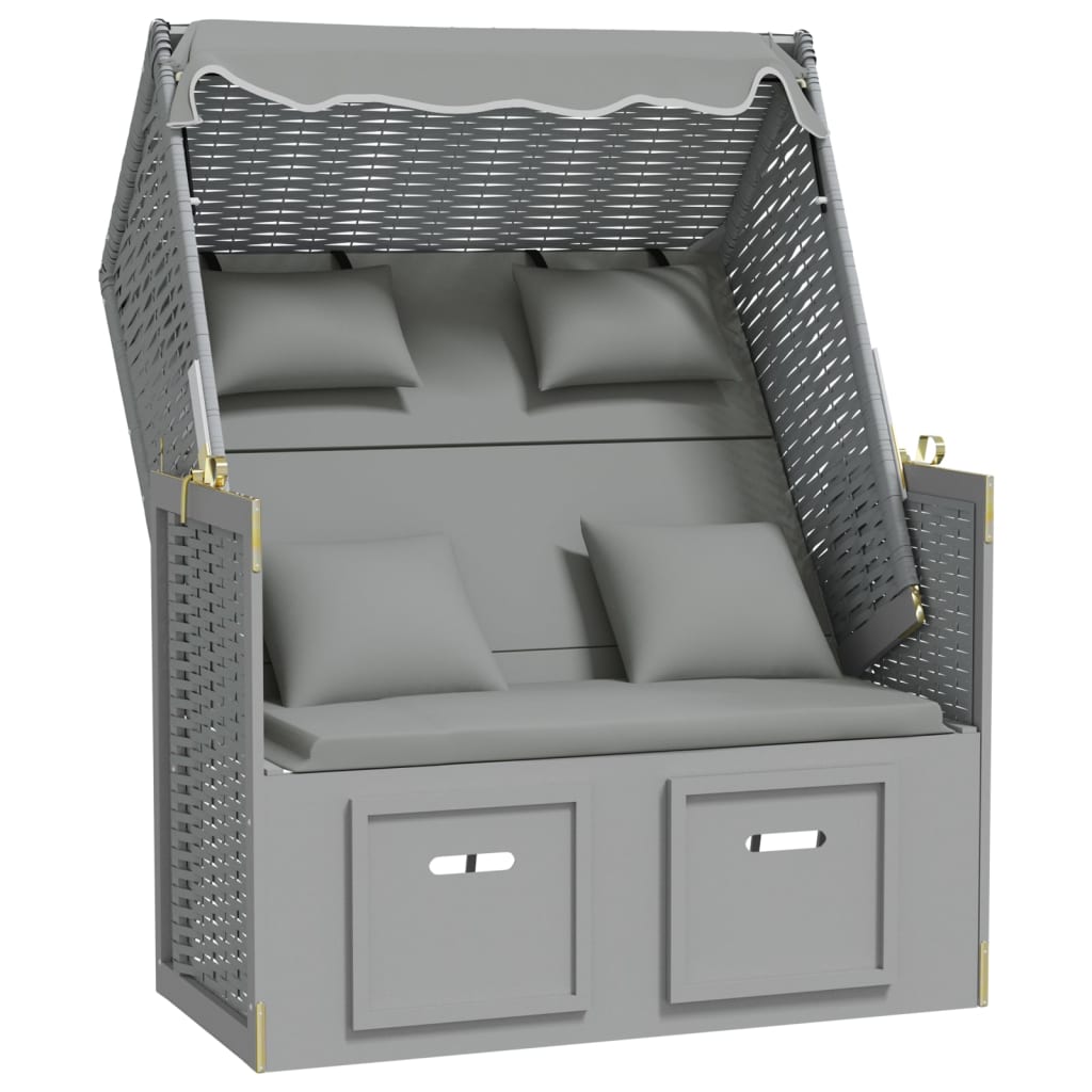 Strandkorb mit Kissen Poly Rattan und Massivholz Grau & Weiß – Bild 2