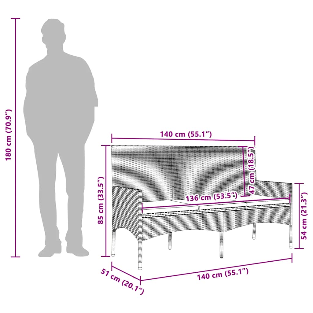 Gartenbank 3-Sitzer mit Kissen Braun Poly Rattan – Bild 9