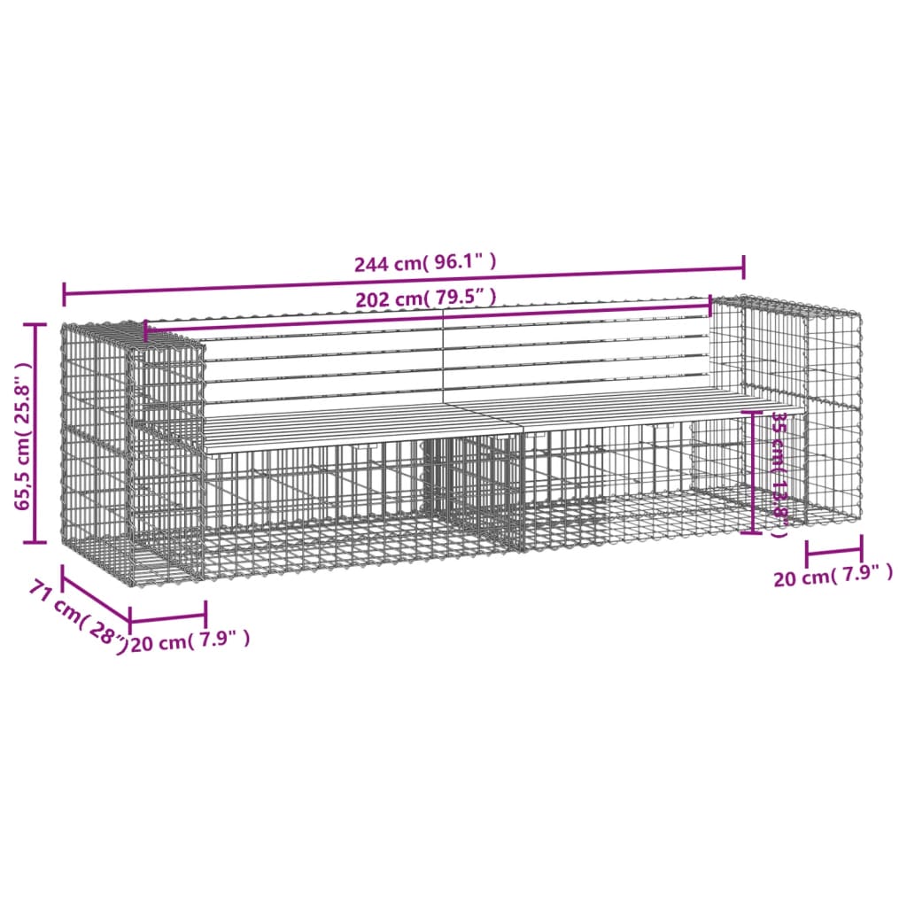 Gartenbank aus Gabionen 244x71x65,5 cm Massivholz Kiefer – Bild 7