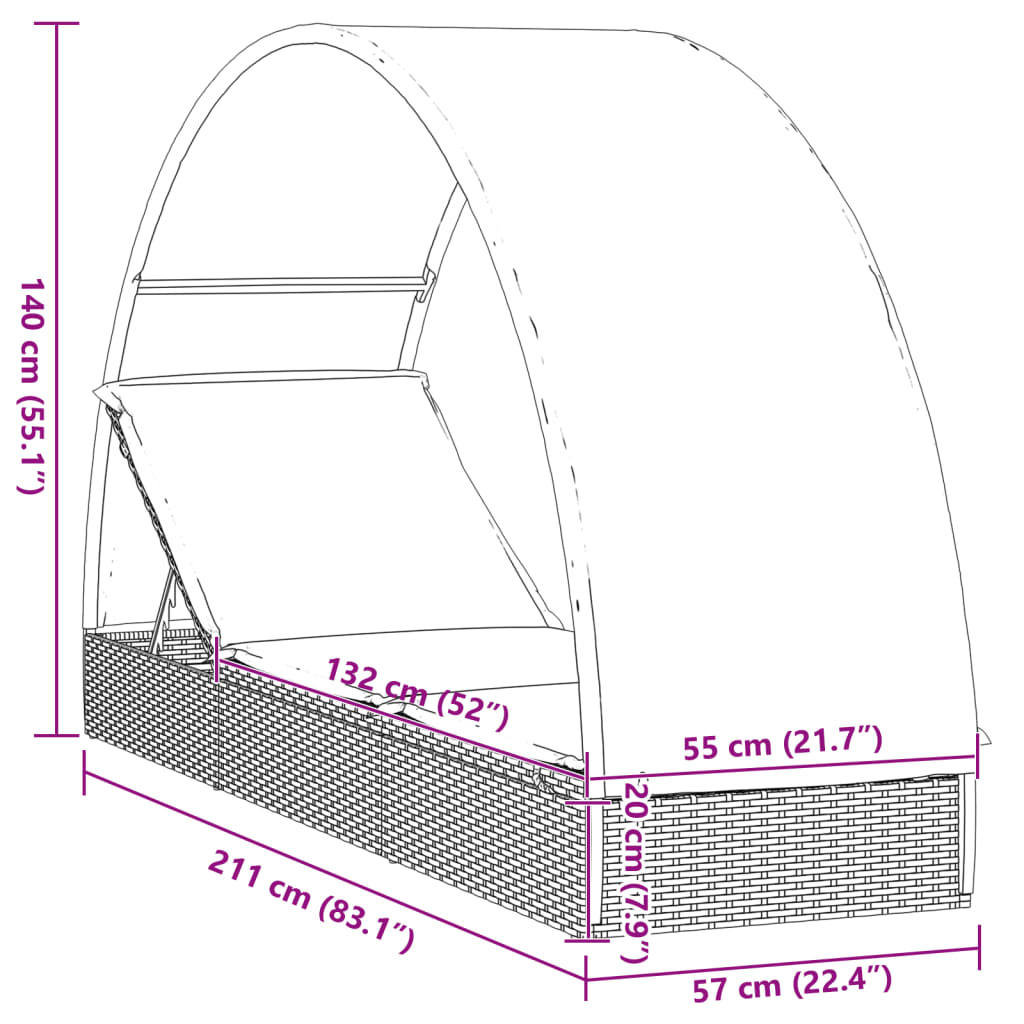 Sonnenliege mit Runddach Grau 211x57x140 cm Poly Rattan – Bild 11