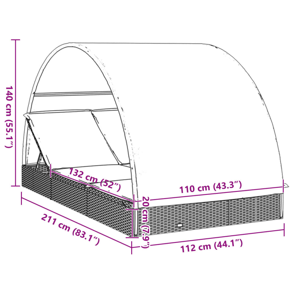 2-Personen-Sonnenliege mit Dach Braun 211x112x140 Poly Rattan – Bild 12
