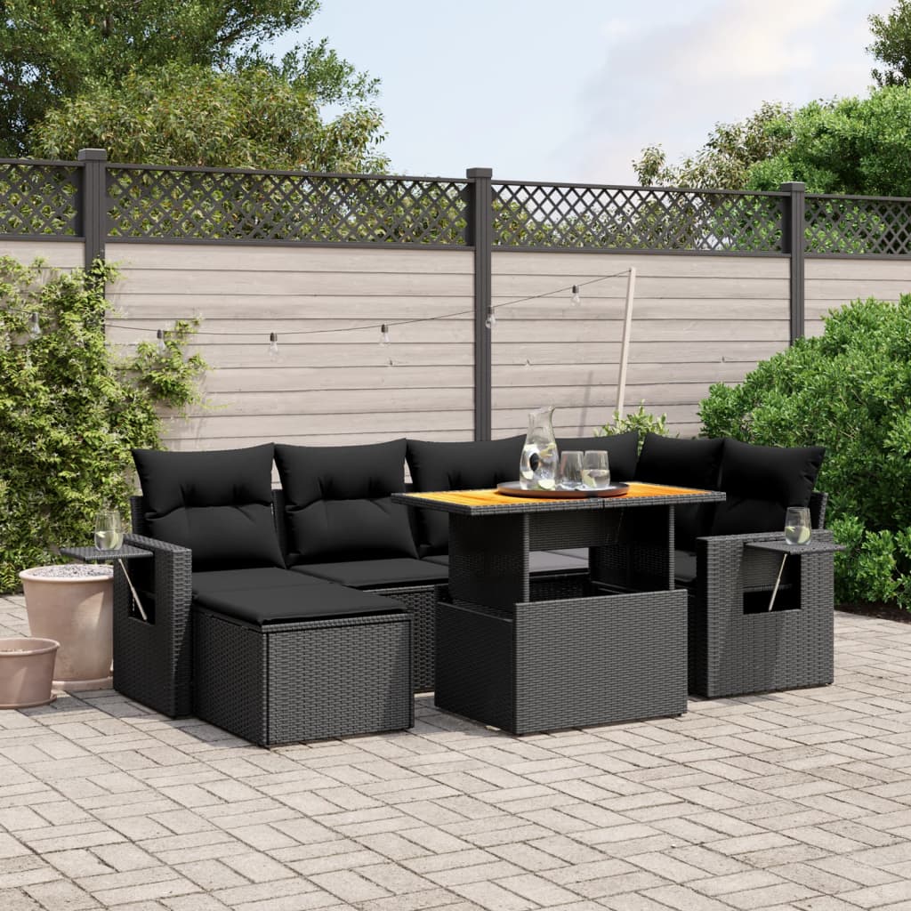 7-tlg. Garten-Sofagarnitur mit Kissen Schwarz Poly Rattan – Bild 2