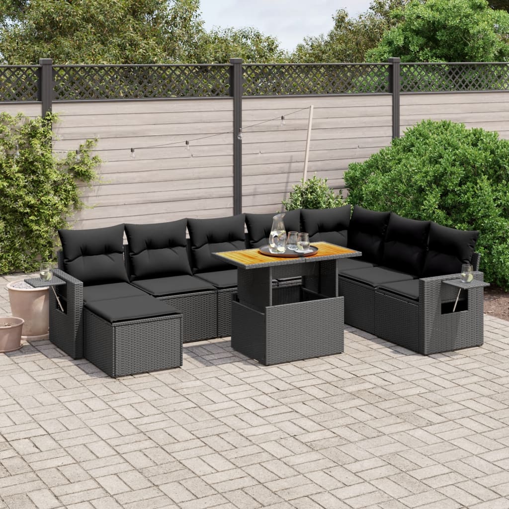 9-tlg. Garten-Sofagarnitur mit Kissen Schwarz Poly Rattan – Bild 2
