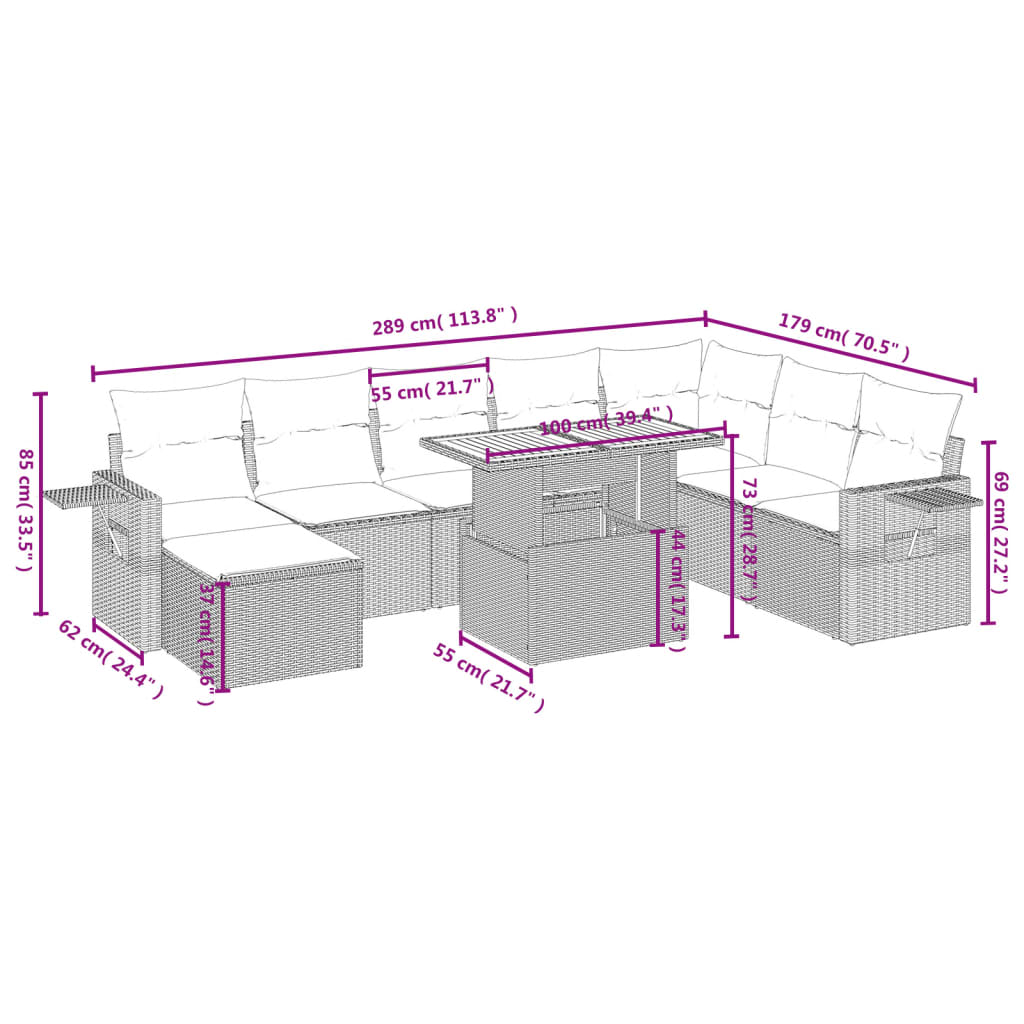 9-tlg. Garten-Sofagarnitur mit Kissen Schwarz Poly Rattan – Bild 5