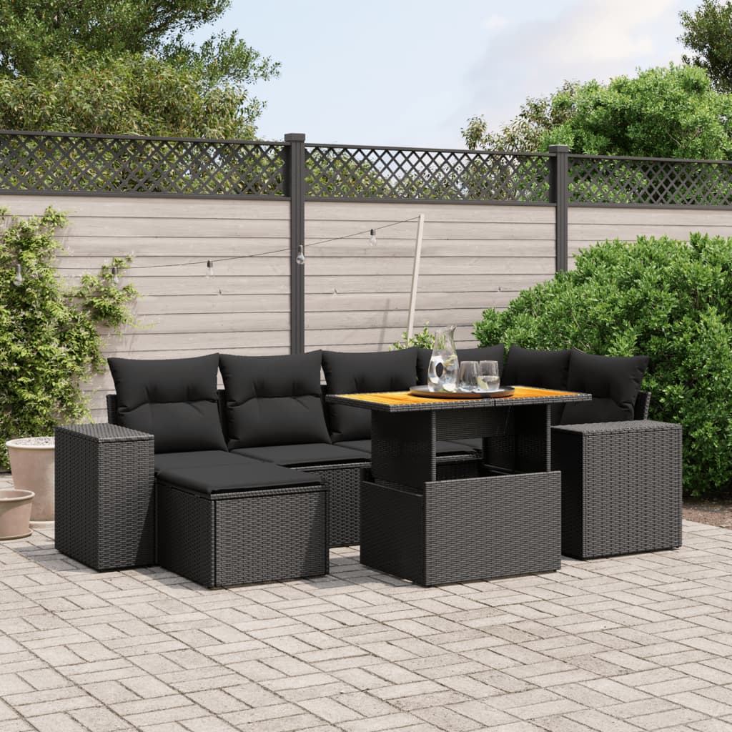 7-tlg. Garten-Sofagarnitur mit Kissen Schwarz Poly Rattan – Bild 2