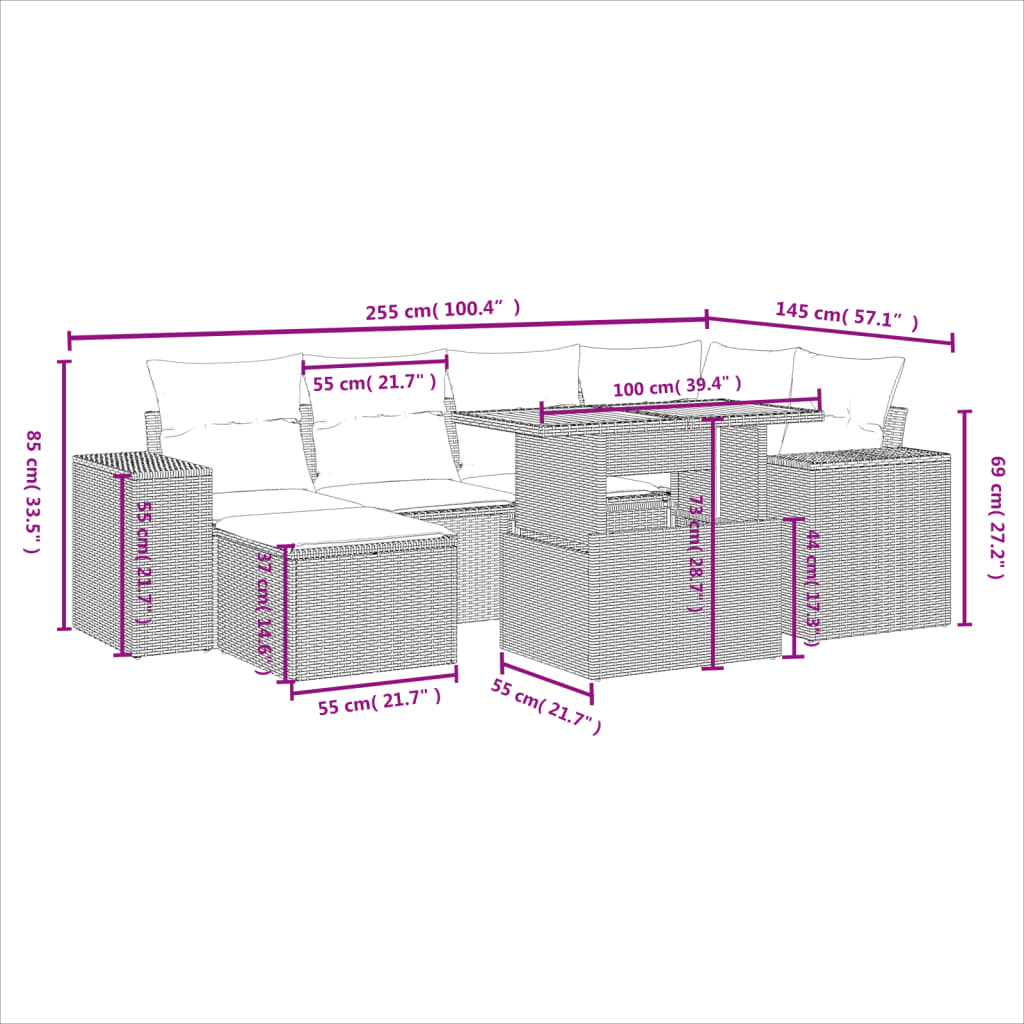 7-tlg. Garten-Sofagarnitur mit Kissen Schwarz Poly Rattan – Bild 5