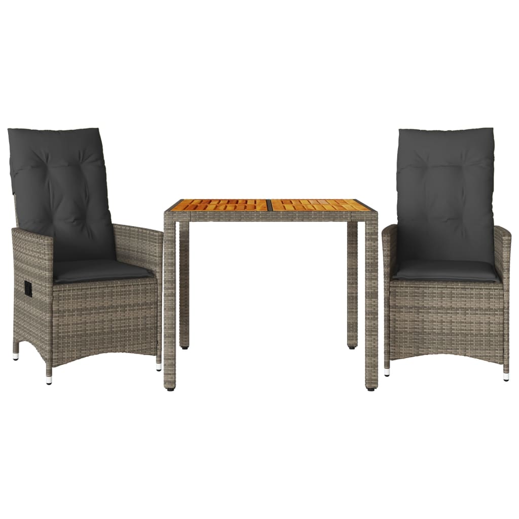 3-tlg. Bistro-Set mit Kissen Grau Poly Rattan – Bild 2