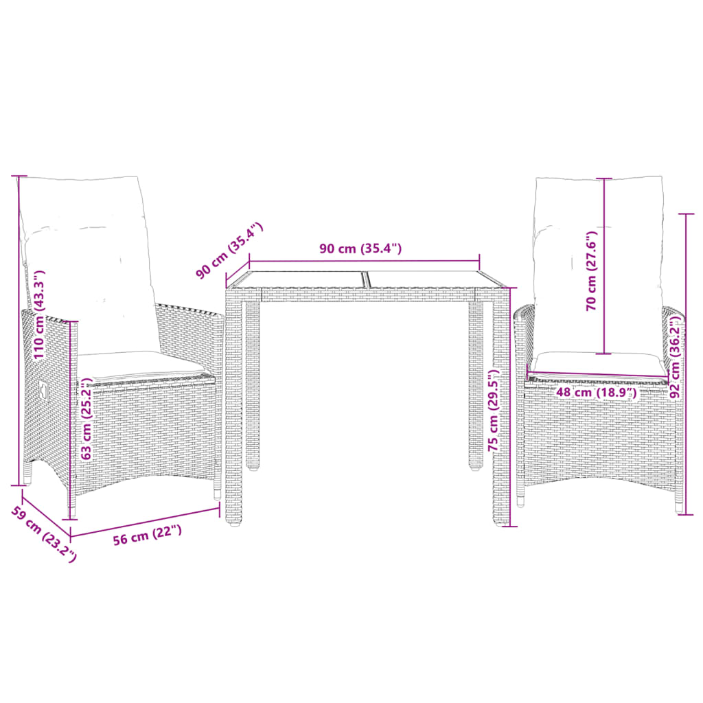 3-tlg. Bistro-Set mit Kissen Grau Poly Rattan – Bild 7
