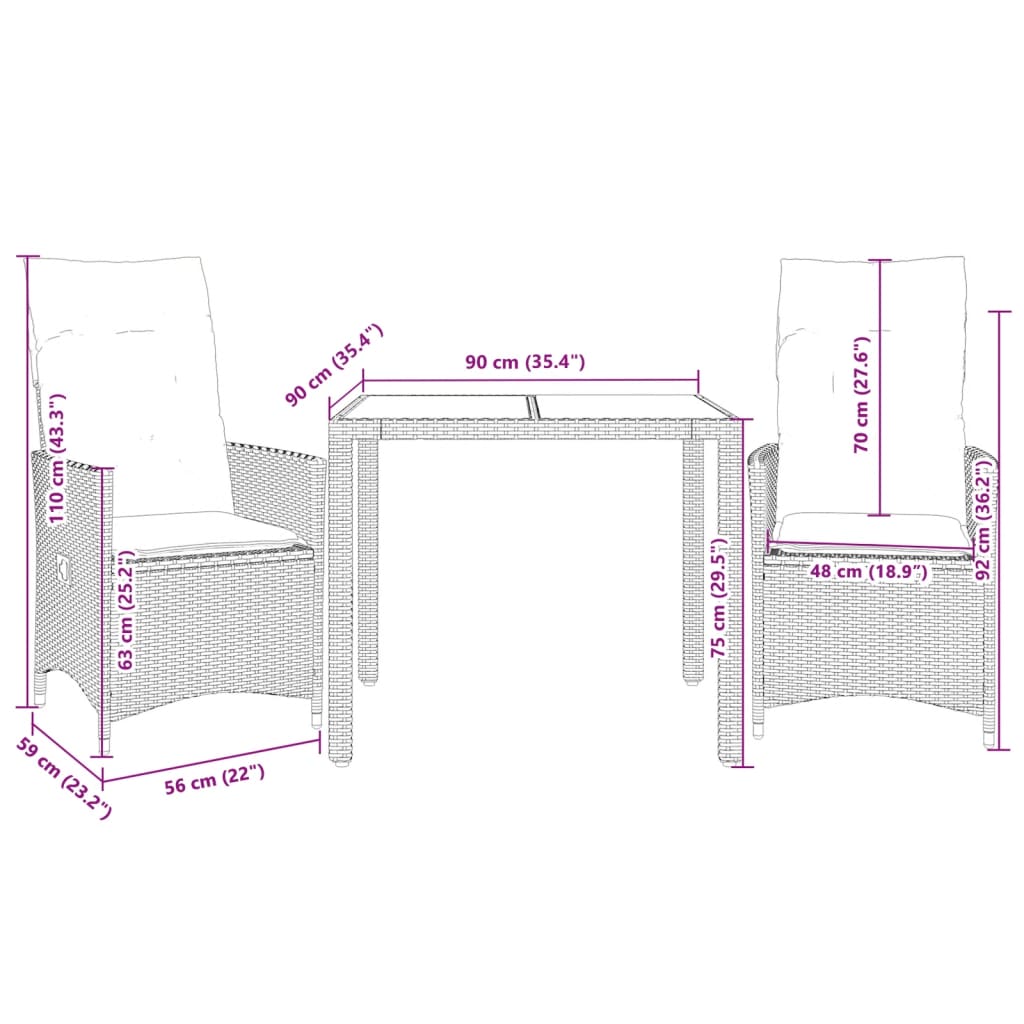 3-tlg. Bistro-Set mit Kissen Beige Poly Rattan – Bild 7
