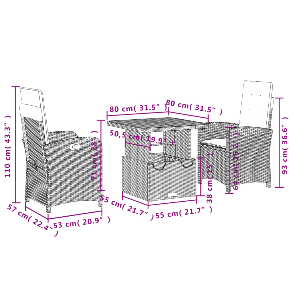 3-tlg. Garten-Essgruppe mit Kissen Grau Poly Rattan – Bild 9