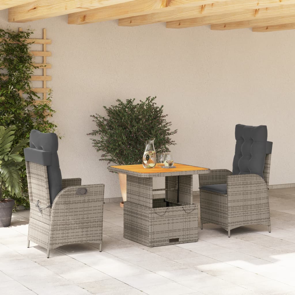 3-tlg. Garten-Essgruppe mit Kissen Grau Poly Rattan – Bild 2