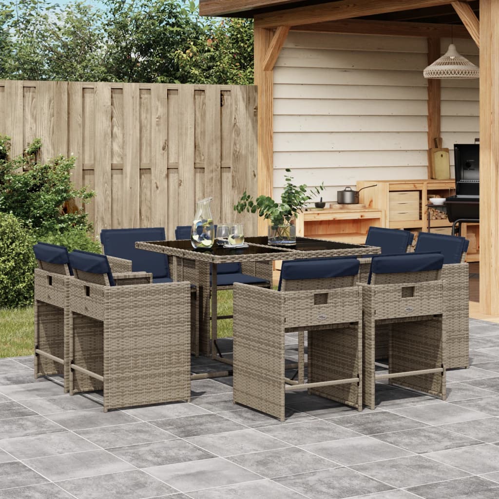 9-teiliges Garten-Ess-Set mit Kissen, grau, Polyrattan