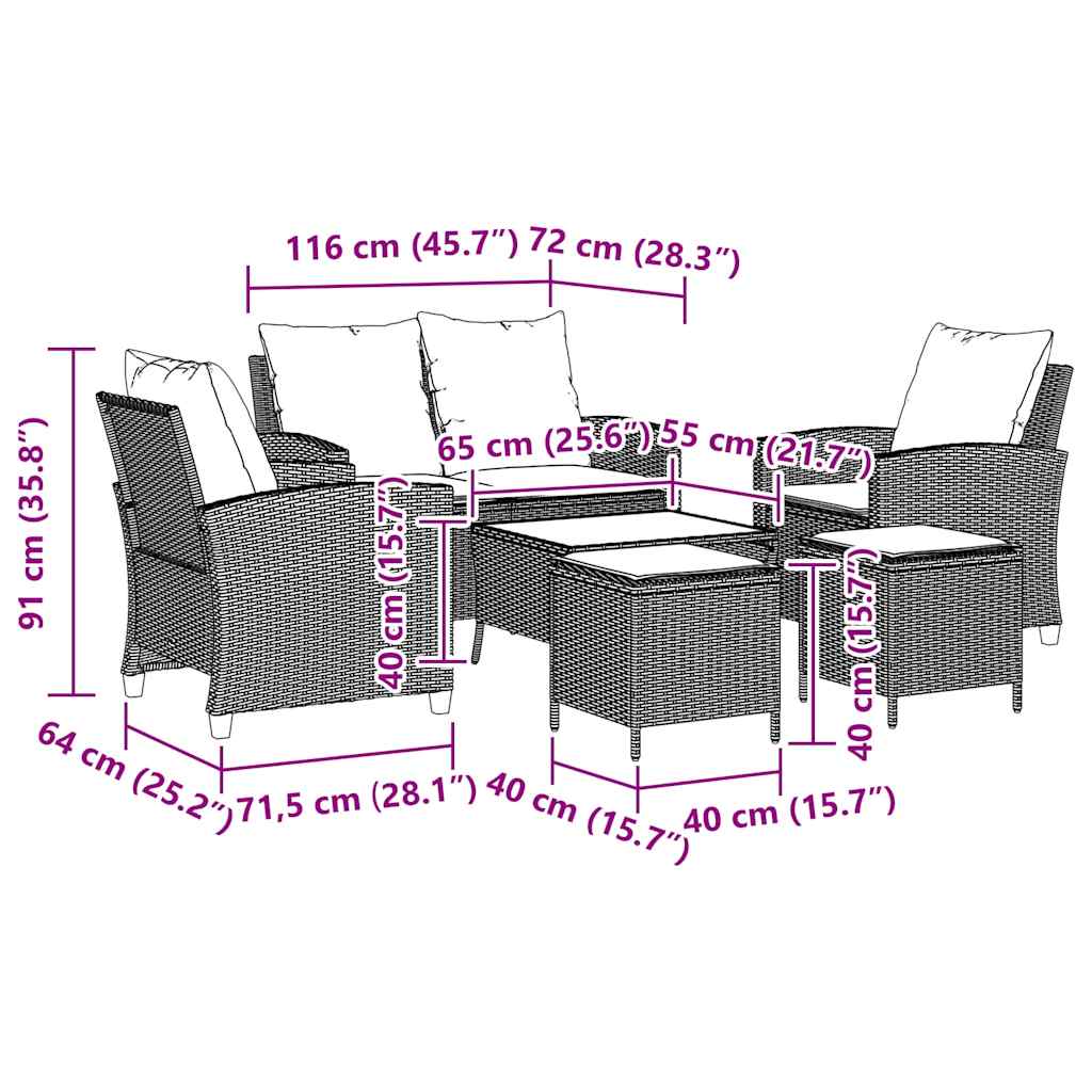 6-tlg. Garten-Sofagarnitur mit Kissen Schwarz Poly Rattan – Bild 12