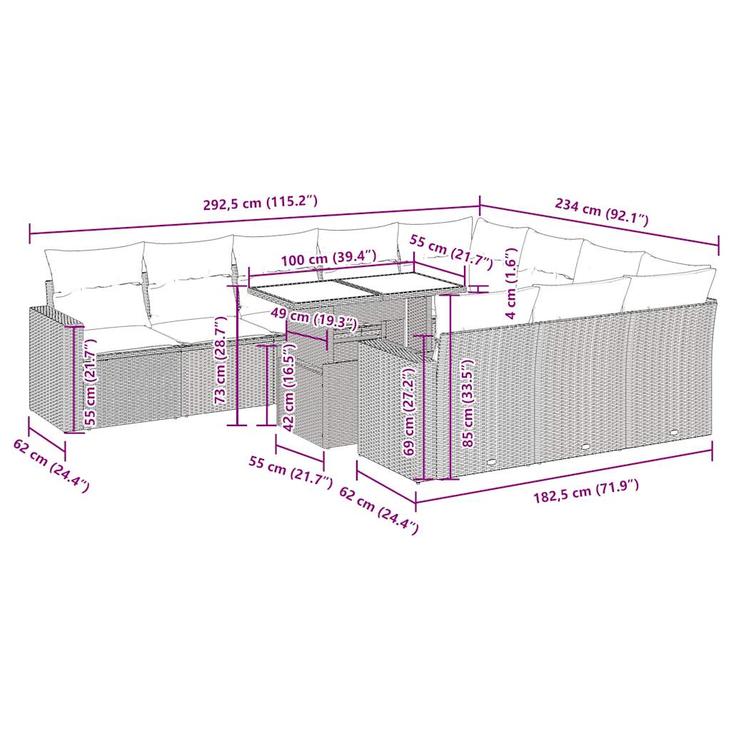 11-tlg. Garten-Sofagarnitur mit Kissen Schwarz Poly Rattan – Bild 13