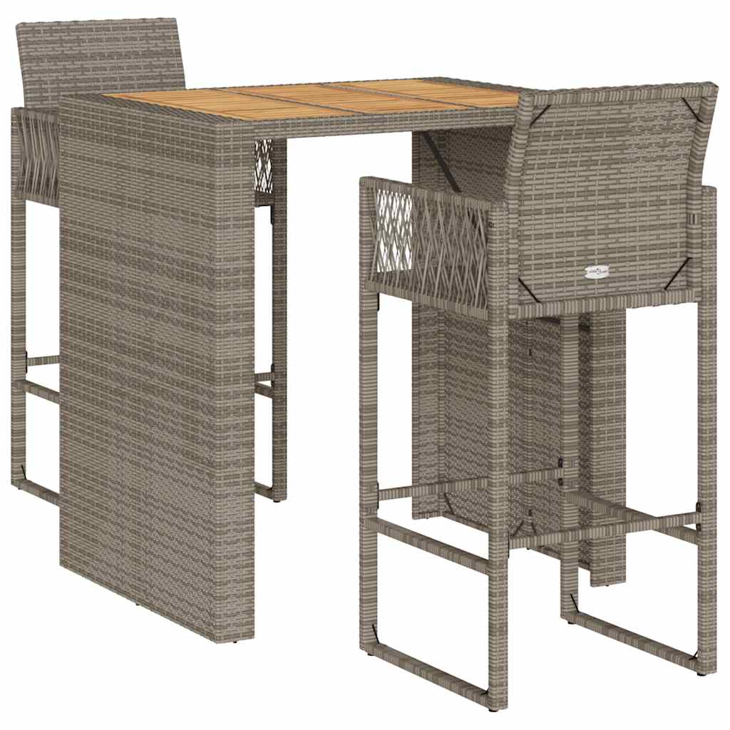 3-tlg. Gartenbar-Set ohne Kissen Grau Poly Rattan Akazie – Bild 2