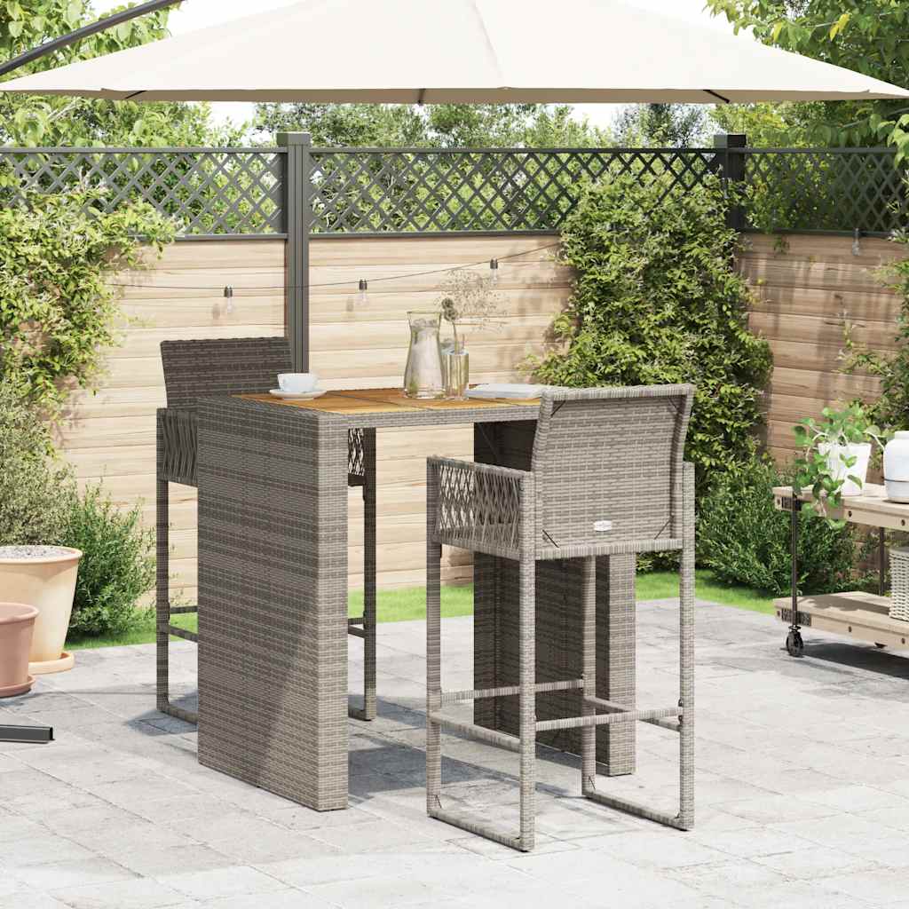3-tlg. Gartenbar-Set ohne Kissen Grau Poly Rattan Akazie – Bild 3