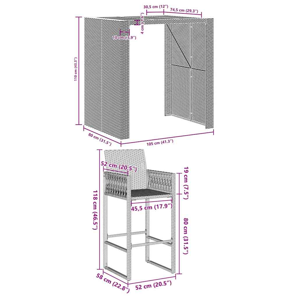 3-tlg. Gartenbar-Set ohne Kissen Grau Poly Rattan Akazie – Bild 8