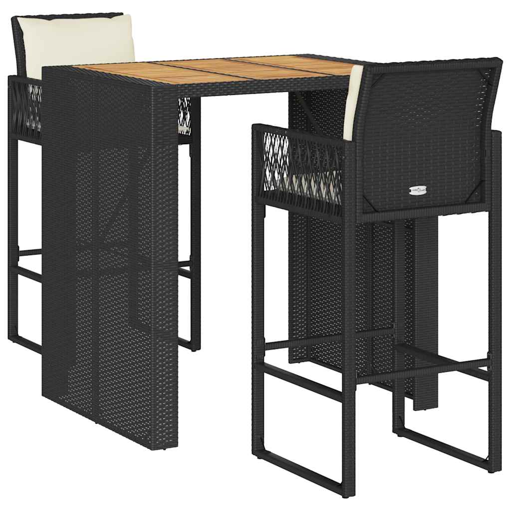 3-tlg. Gartenbar-Set mit Kissen Schwarz Poly Rattan Akazie – Bild 2