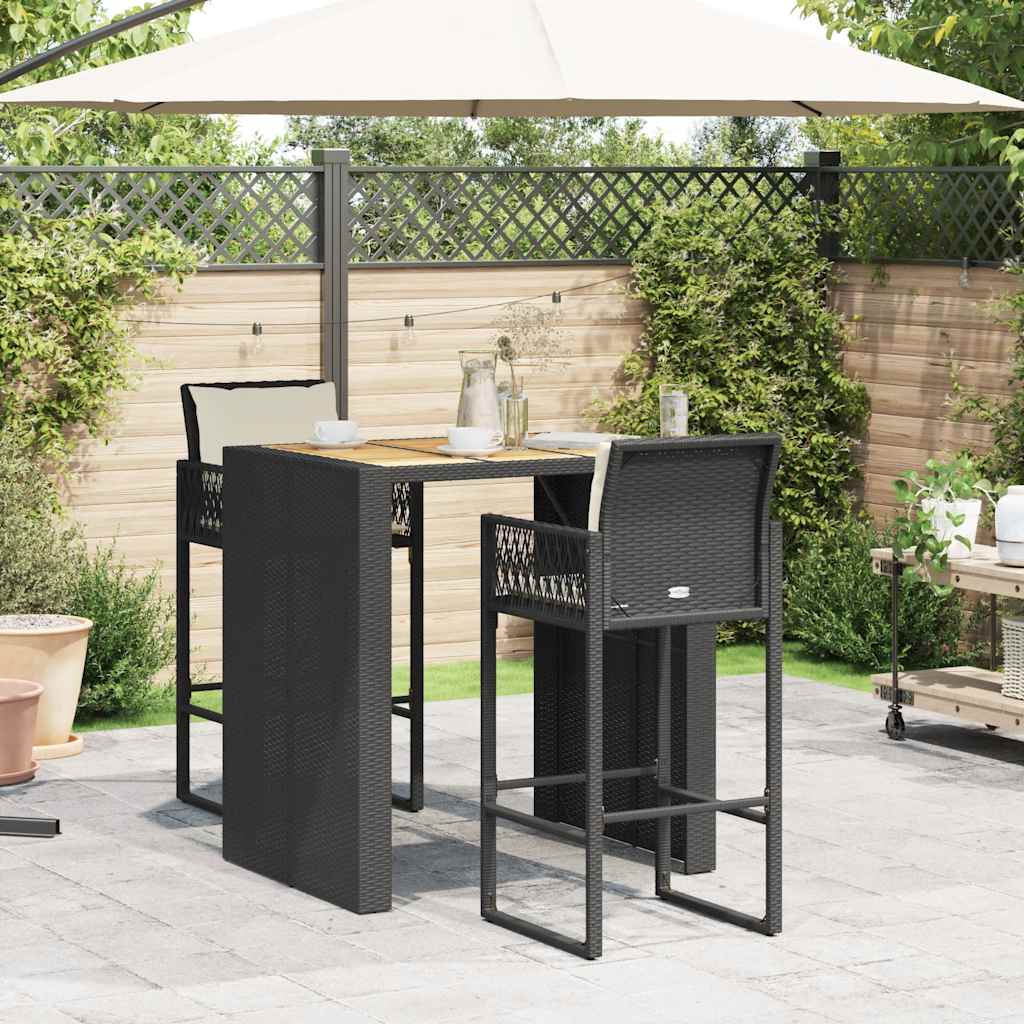 3-tlg. Gartenbar-Set mit Kissen Schwarz Poly Rattan Akazie – Bild 3