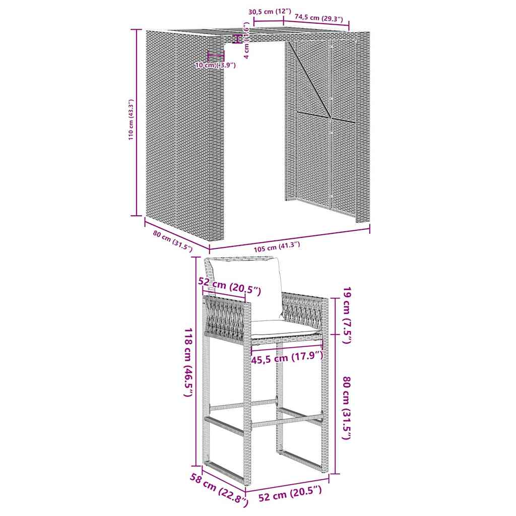 3-tlg. Gartenbar-Set mit Kissen Schwarz Poly Rattan Akazie – Bild 8