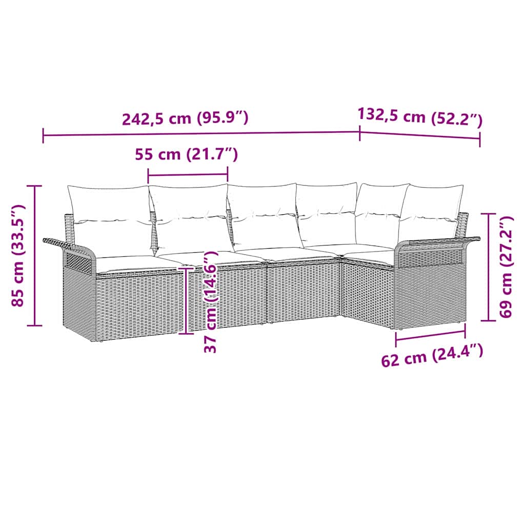 Gartensofa-set mit Kissen 5 pcs Schwarz Poly-Rattan – Bild 11