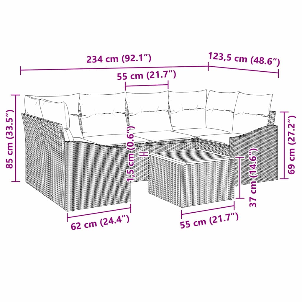 Gartensofa-set mit Kissen 7 pcs Schwarz Poly-Rattan – Bild 8