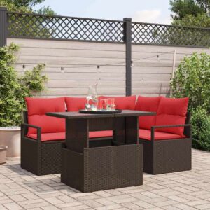 Gartensofa-set mit Speicher 5 pcs Braun und Rot Poly-Rattan