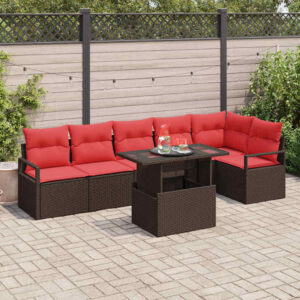 Gartensofa-set mit Speicher 7 pcs Braun und Rot Poly-Rattan