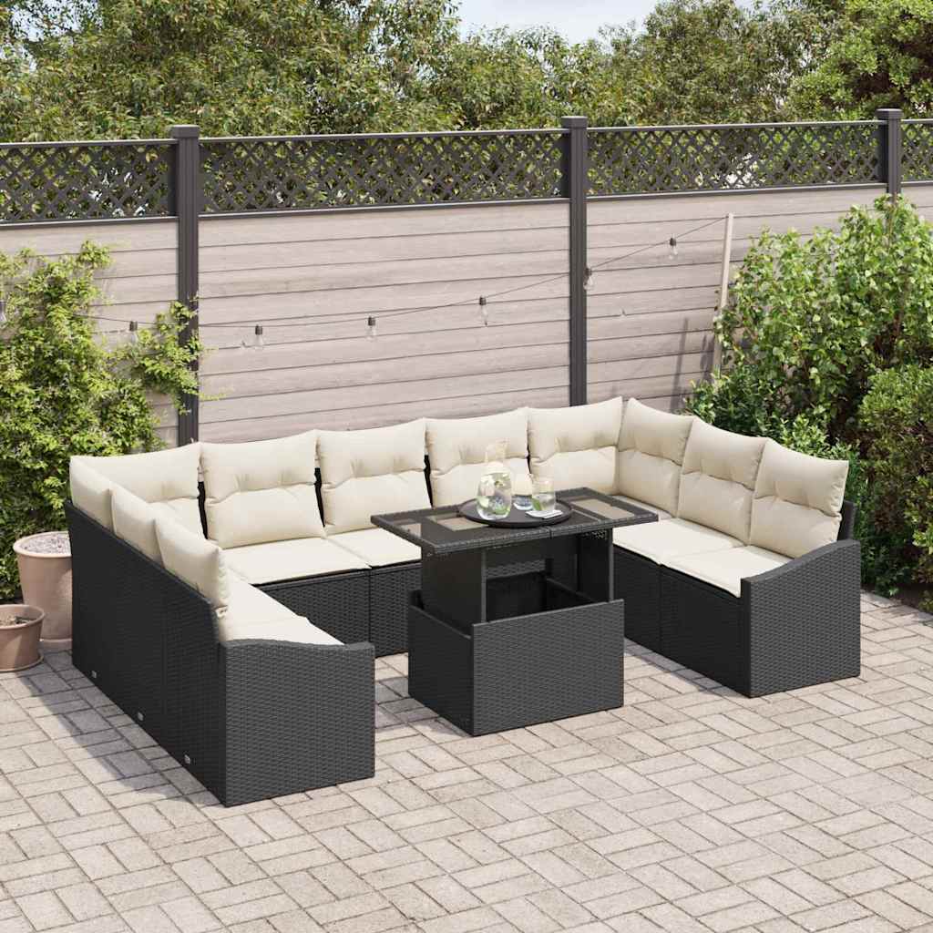 Sofa Set mit Kissen 10 pcs Schwarz und Creme Poly-Rattan – Bild 3