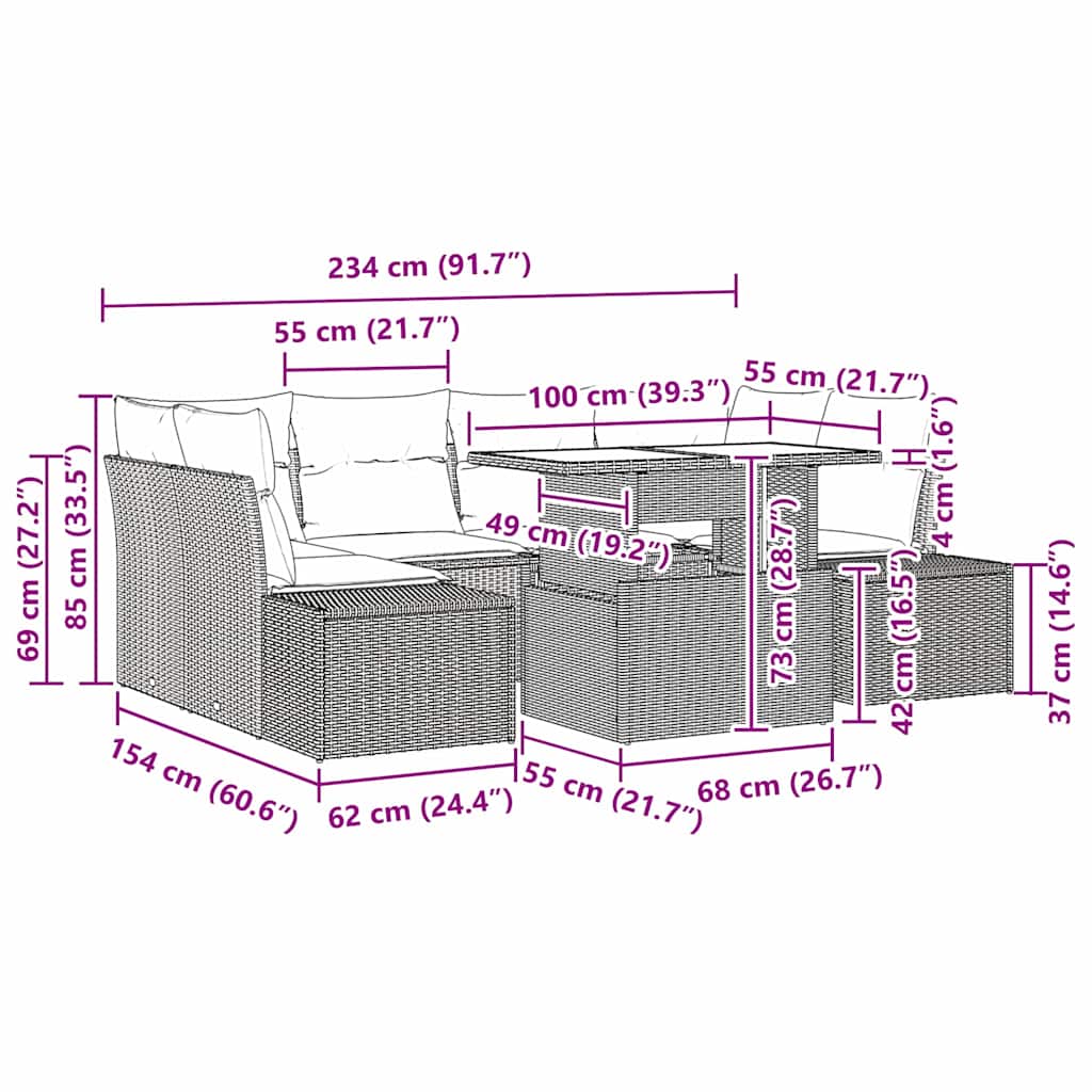 Sofa Set mit Kissen 7 pcs Schwarz und Creme Poly-Rattan – Bild 11