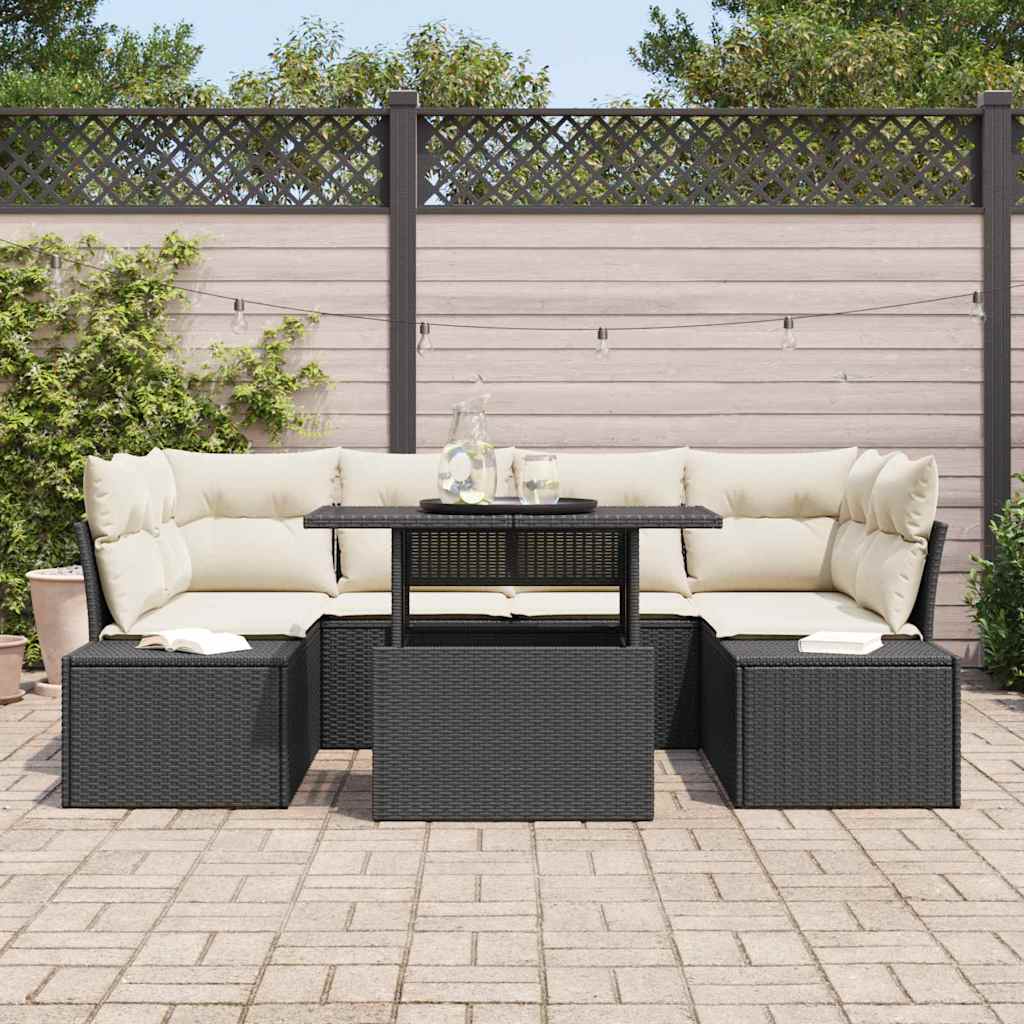 Sofa Set mit Kissen 7 pcs Schwarz und Creme Poly-Rattan – Bild 3