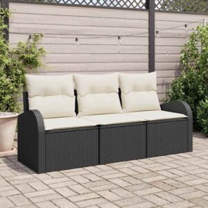 Garten-Sofa-Set mit Kissen 3 pcs Schwarz und Weiß Poly Rattan