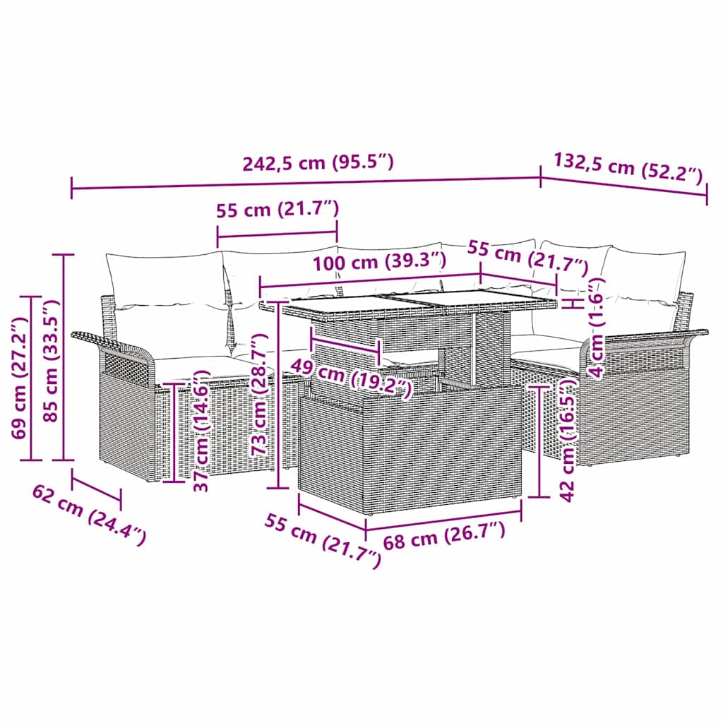 Garten-Sofa-Set mit Kissen 6 pcs Schwarz Poly Rattan – Bild 8