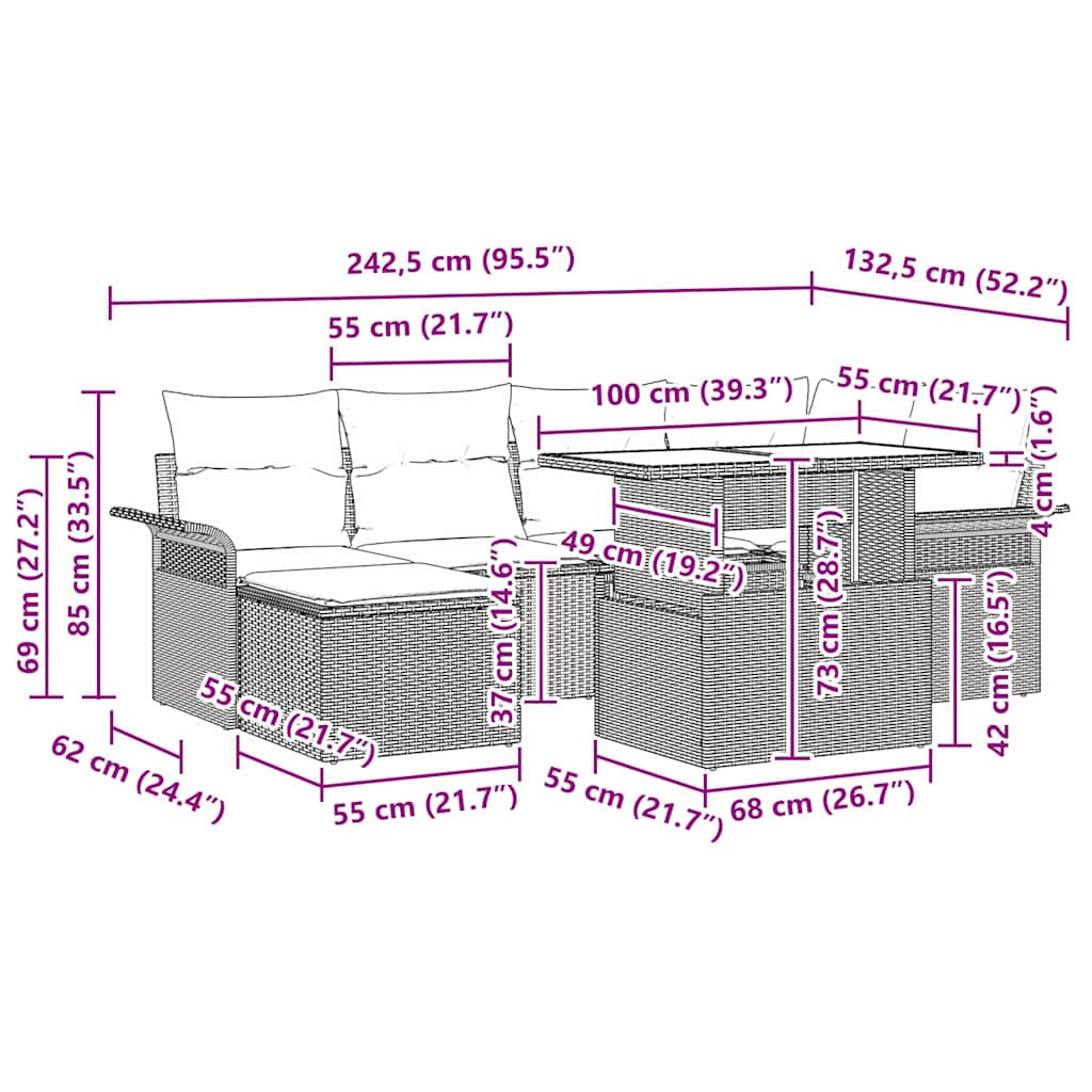 Garten-Sofa-Set mit Kissen 7 pcs Schwarz Poly Rattan – Bild 10