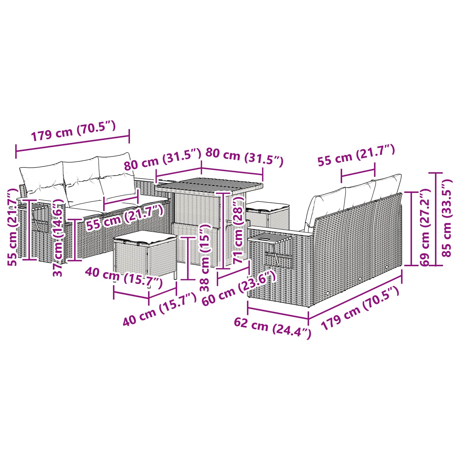 Gartensofa-set mit Kissen 9 pcs Schwarz – Bild 13