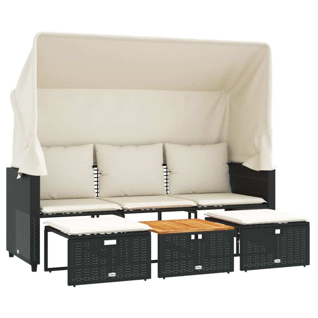 Outdoor-Sofa 3-Sitzer mit Dach und Hockern Schwarz Poly-Rattan – Bild 2