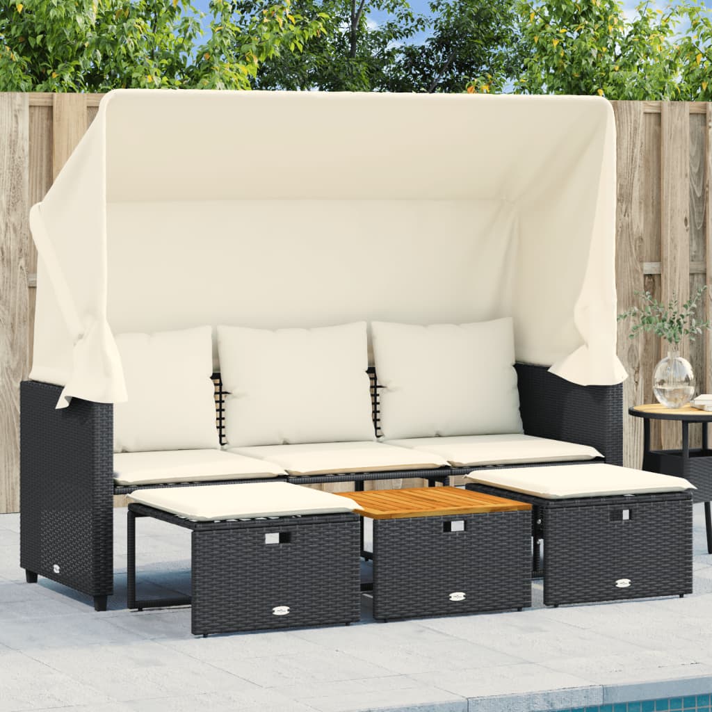 Outdoor-Sofa 3-Sitzer mit Dach und Hockern Schwarz Poly-Rattan – Bild 3