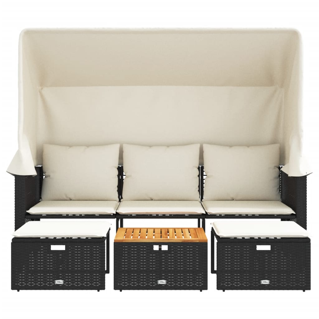 Outdoor-Sofa 3-Sitzer mit Dach und Hockern Schwarz Poly-Rattan – Bild 4