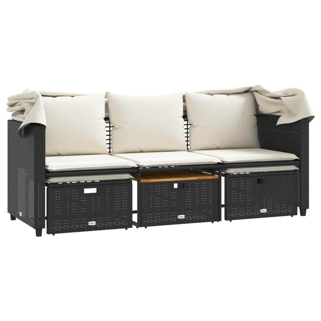 Outdoor-Sofa 3-Sitzer mit Dach und Hockern Schwarz Poly-Rattan – Bild 7
