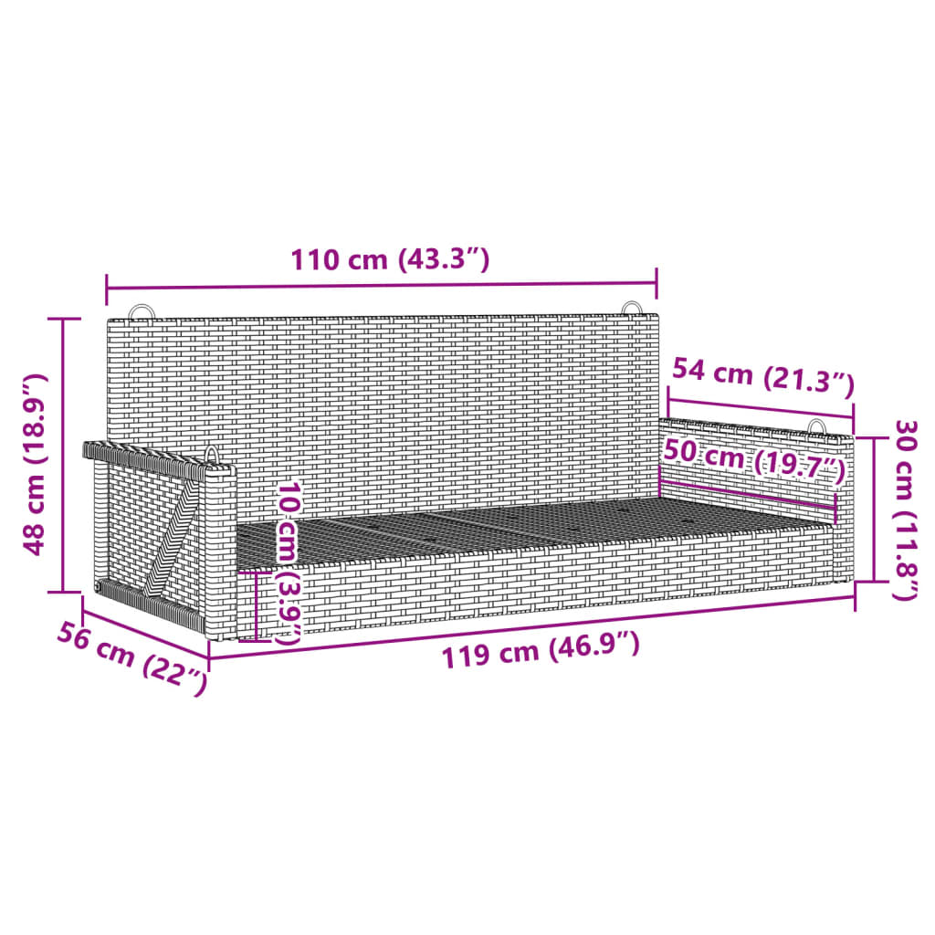 Hängebank Schwarz 119x56x48 cm Poly Rattan – Bild 9
