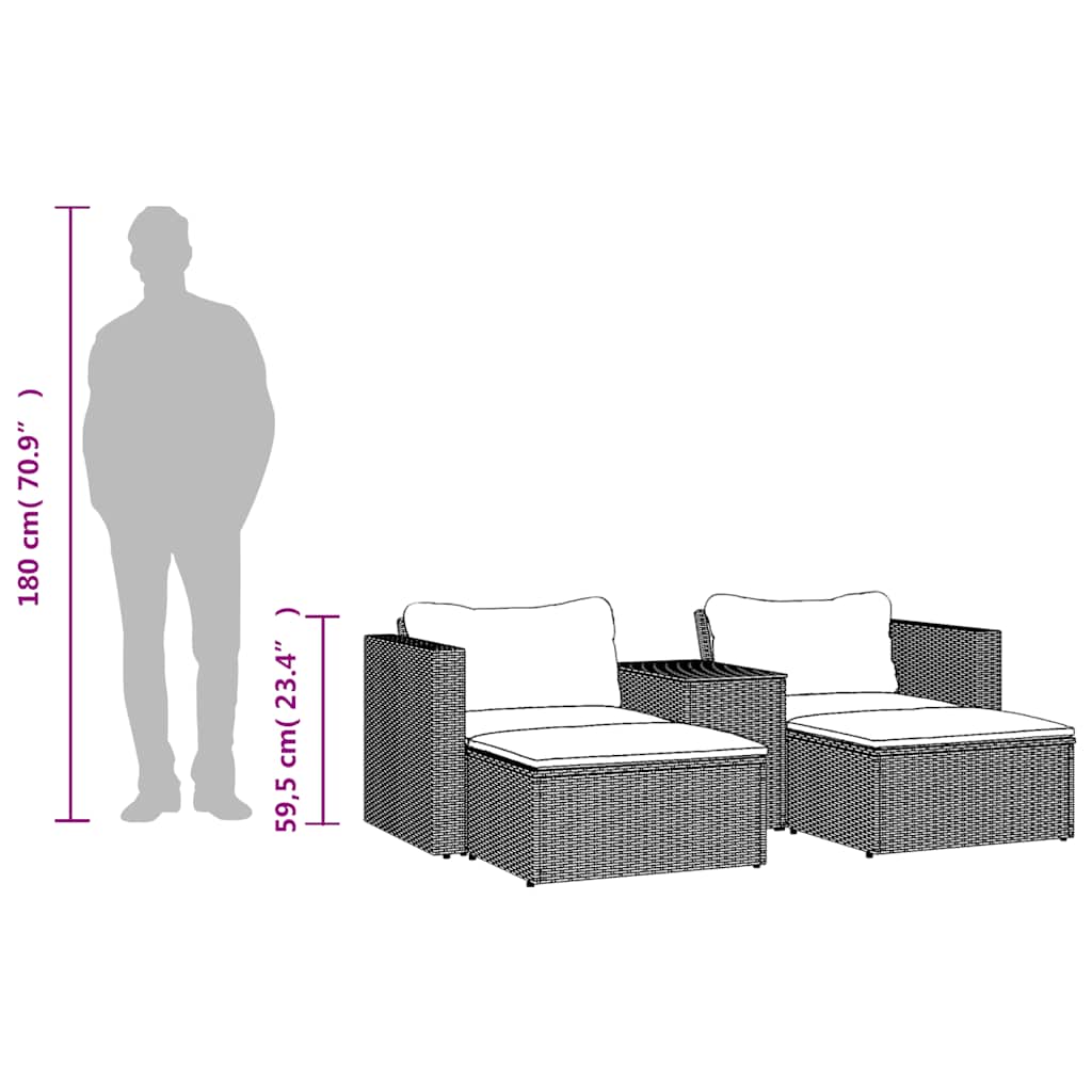 5tlg. Garten-Sofagarnitur mit Kissen Schwarz Poly Rattan Akazie – Bild 10