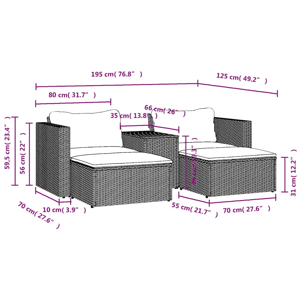 5tlg. Garten-Sofagarnitur mit Kissen Schwarz Poly Rattan Akazie – Bild 11
